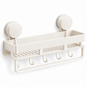 White 30 cm suction-mount kitchen shelf with hooks and towel bar