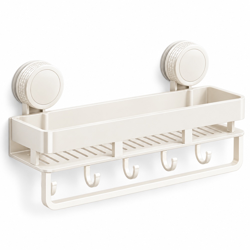 White 30 cm suction-mount kitchen shelf with hooks and towel bar