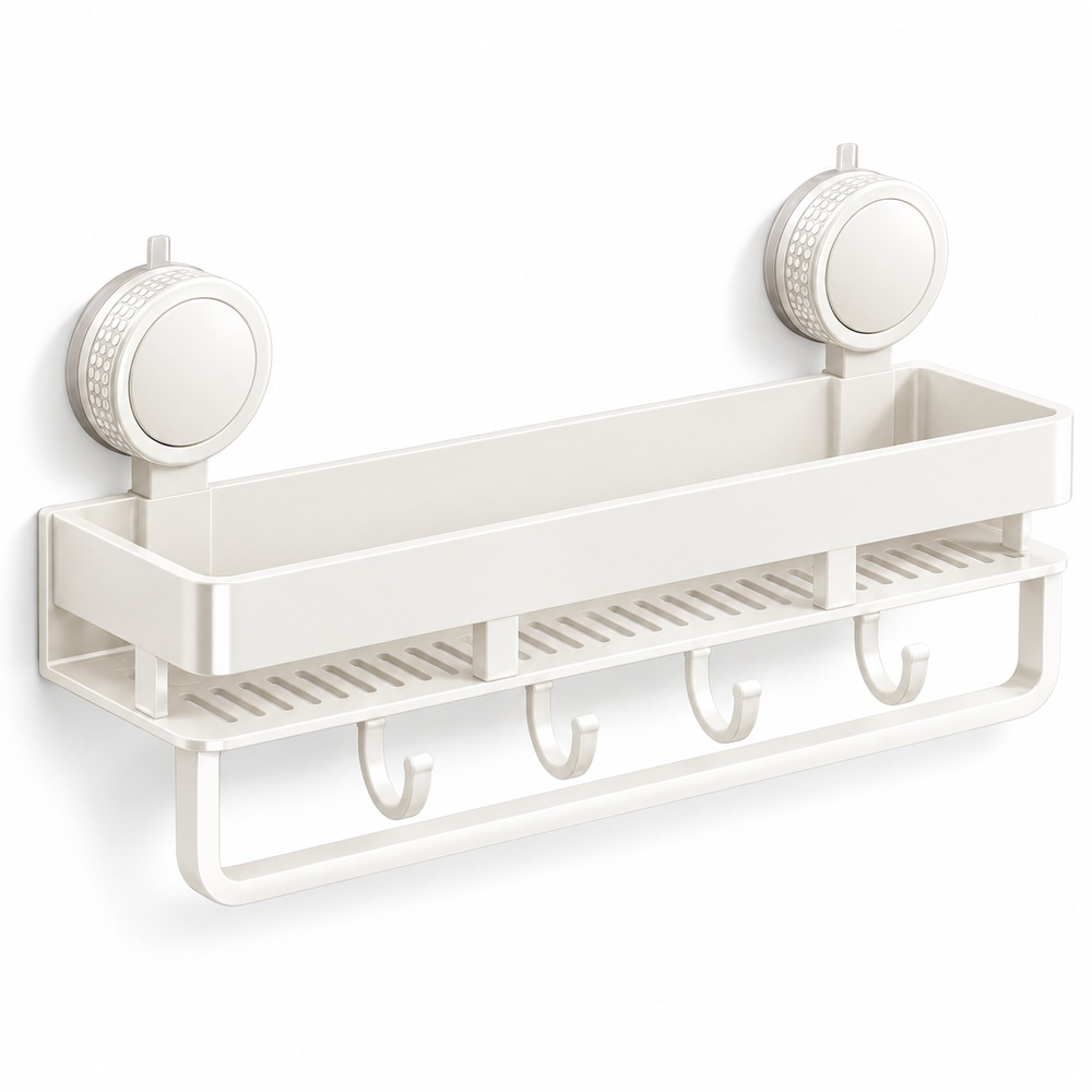 Suction-Mount Kitchen Shelf with Hooks and Towel Bar - Image 2