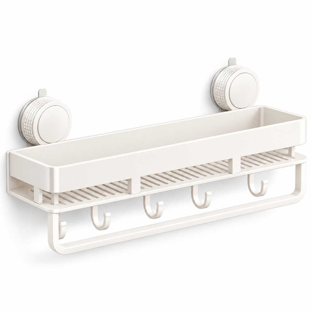 Suction-Mount Kitchen Shelf with Hooks and Towel Bar - Image 3