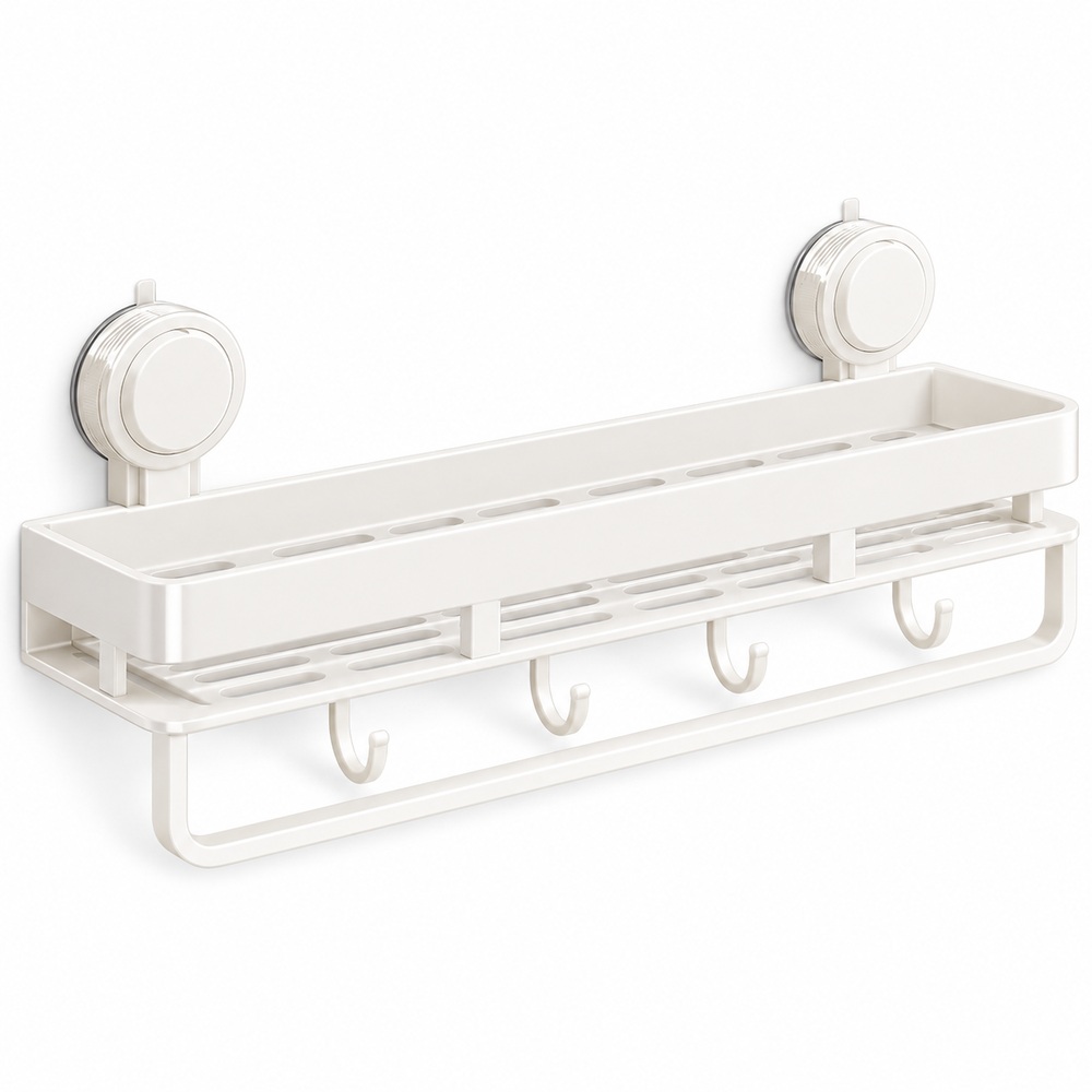 Suction-Mount Kitchen Shelf with Hooks and Towel Bar - Image 4