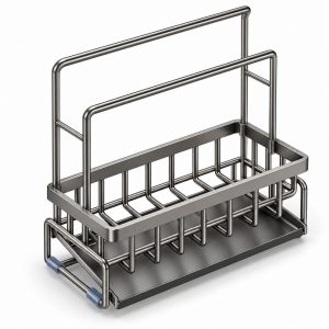 Gunmetal gray sink caddy with towel rails and drip tray