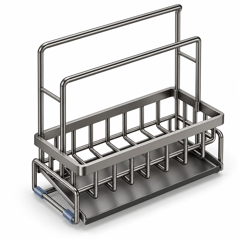 Gunmetal gray sink caddy with towel rails and drip tray